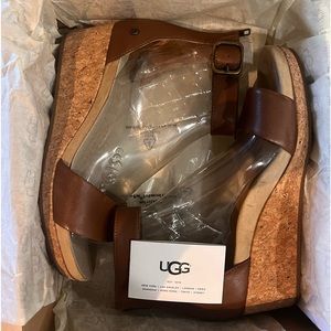 UGG Brown Leather Wedge Sandals